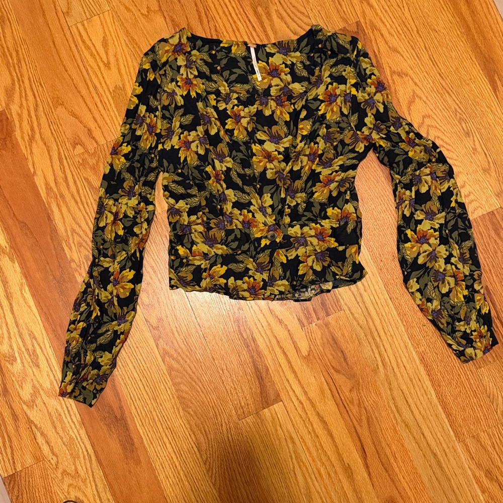 Free People Low Cut Floral Black and Yellow Women's Top